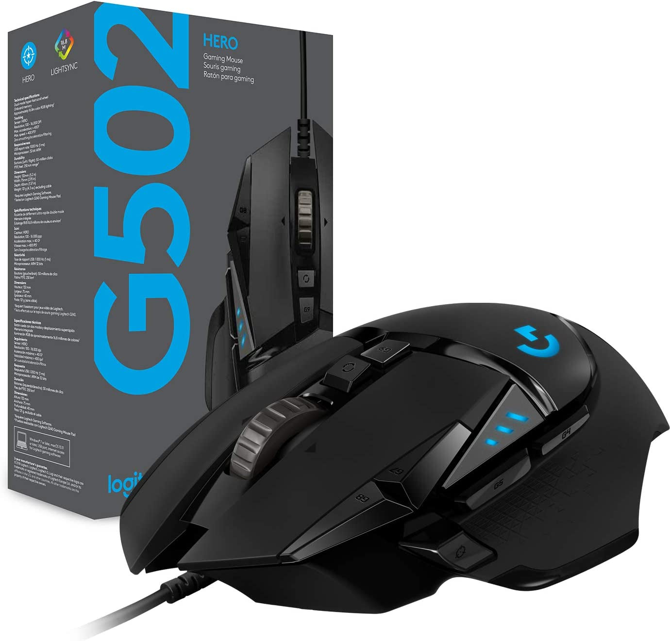 G502 HERO High Performance Wired Gaming Mouse, HERO 25K Sensor, 25,600 DPI, RGB, Adjustable Weights, 11 Programmable Buttons, On-Board Memory, Pc/Mac - Black