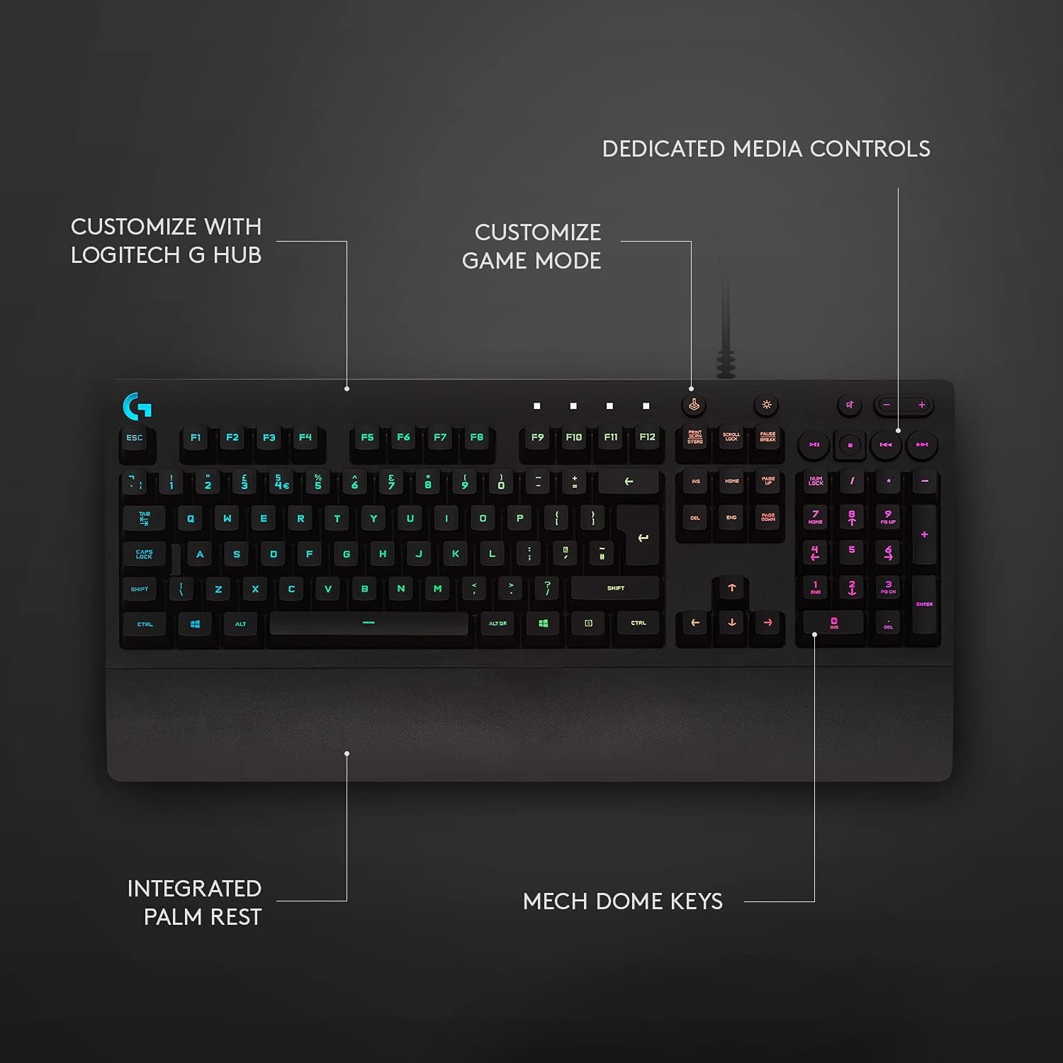 G213 Prodigy Gaming Keyboard, LIGHTSYNC RGB Backlit Keys, Spill-Resistant, Customizable Keys, Dedicated Multi-Media Keys, QWERTY UK Layout - Black