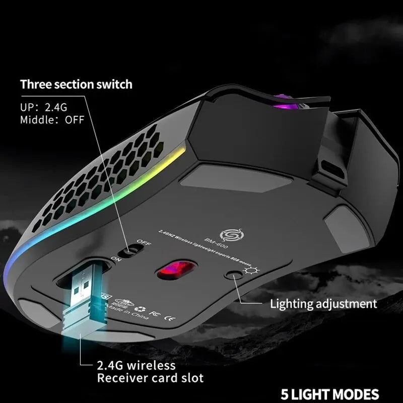 BM600 Rechargeable Gaming Mouse USB 2.4G Wireless RGB Light Honeycomb Gaming Mouse Desktop PC Computers Notebook Laptop Mice