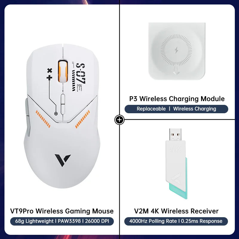 VT9PRO Wireless Gaming Mouse Esports Grade 68G Ultra-Light 26000DPI 8 Buttons Optical PAW3398 Computer Mouse for Laptop PC