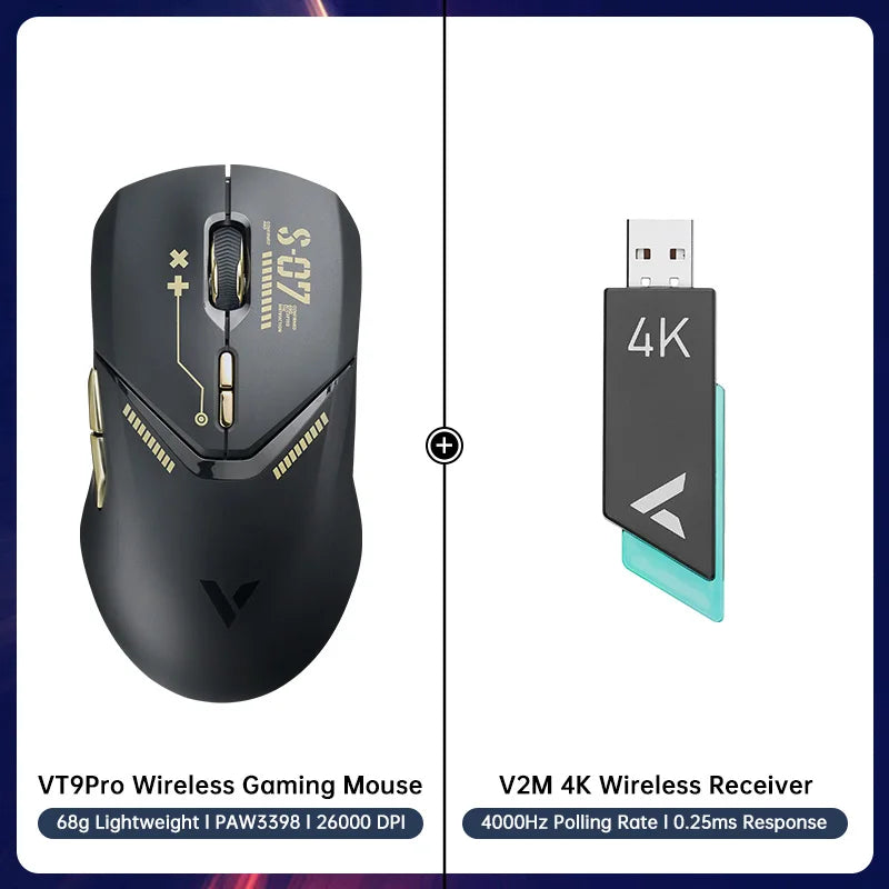 VT9PRO Wireless Gaming Mouse Esports Grade 68G Ultra-Light 26000DPI 8 Buttons Optical PAW3398 Computer Mouse for Laptop PC